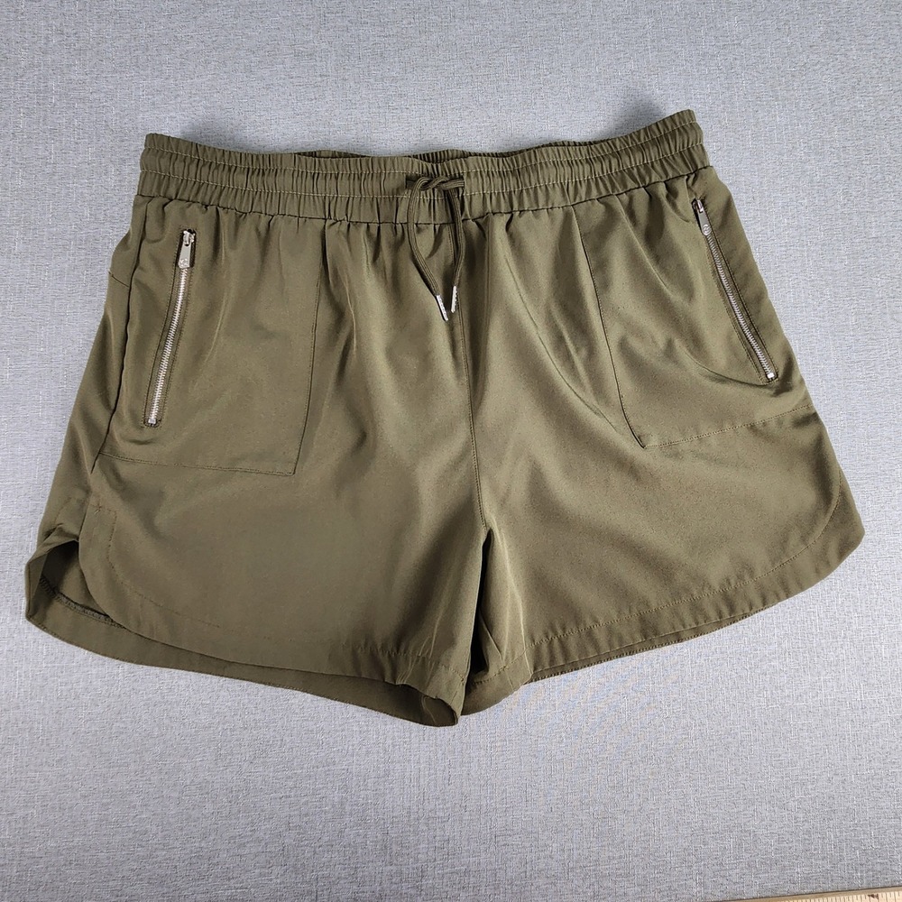 Adrienne Vittadini Sport Womens XL Olive Green Athletic Shorts Zip Pockets Liner